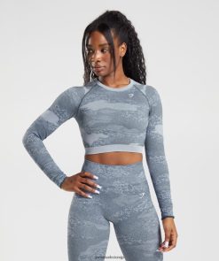 衣類 Gymshark アダプトカモシームレスレースアップバックトップ 溶岩 |リバーストーングレー/イブニングブルー 女性 T2X264457