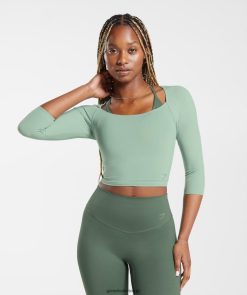 衣類 Gymshark エレベート 3/4 スリーブ クロップトップ デザートセージグリーン 女性 T2X264448