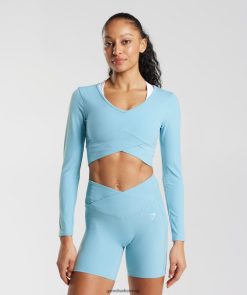 衣類 Gymshark クロスオーバー長袖クロップトップ アイスバーグブルー 女性 T2X264436