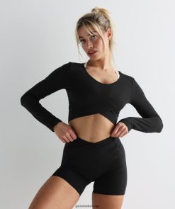 衣類 Gymshark クロスオーバー長袖クロップトップ 黒 女性 T2X264498